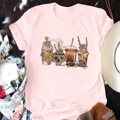 Halloween Skeleton Coffee T-Shirts for Women Cute Funny Drinking T