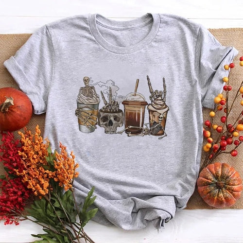 Halloween Skeleton Coffee T-Shirts for Women Cute Funny Drinking T