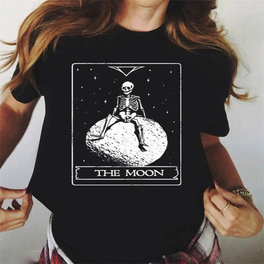 Skulls and Skeletons on Moon Print T Shirt for Women Tees Oversized