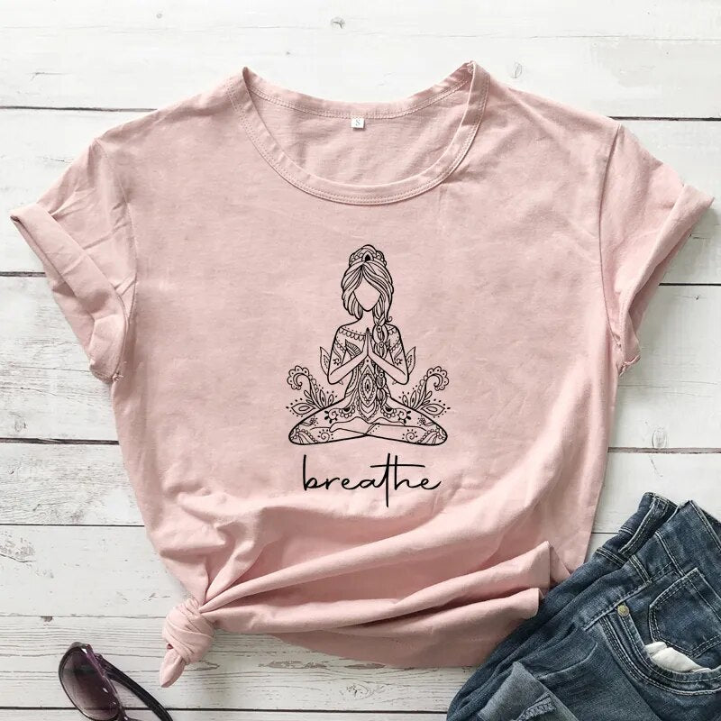 Breathe Meditation Girl T-shirt Boho Yoga Workout Tshirt Funny Women