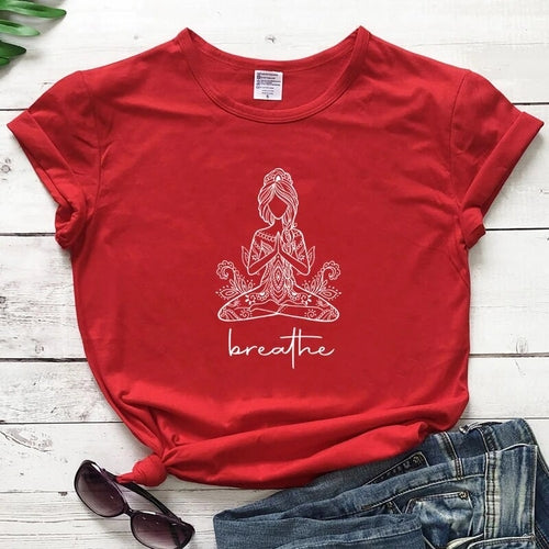 Breathe Meditation Girl T-shirt Boho Yoga Workout Tshirt Funny Women