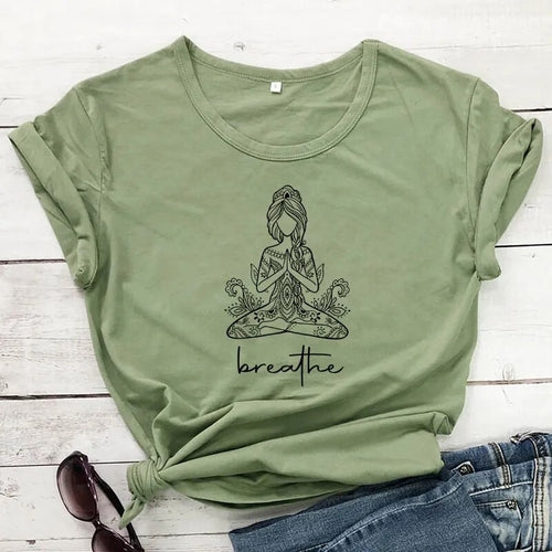 Breathe Meditation Girl T-shirt Boho Yoga Workout Tshirt Funny Women