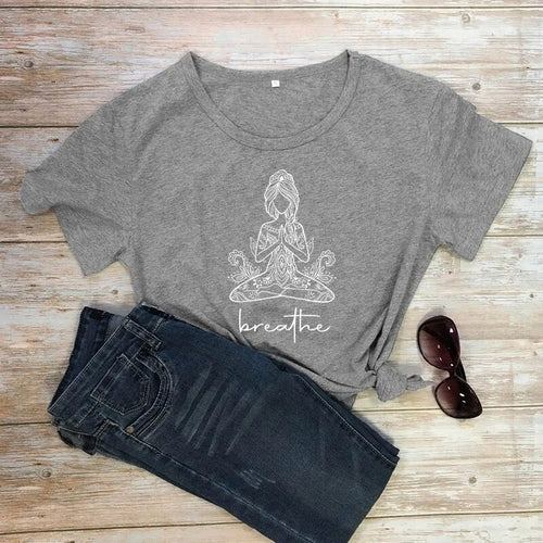 Breathe Meditation Girl T-shirt Boho Yoga Workout Tshirt Funny Women