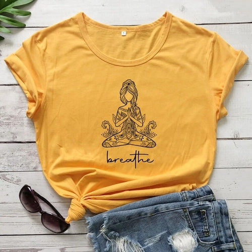 Breathe Meditation Girl T-shirt Boho Yoga Workout Tshirt Funny Women