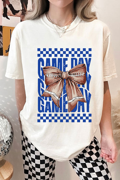 White Football Bow Heat Transfer Printing Game Day Crewneck T Shirt