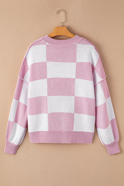 Dark Brown Plaid Bishop Sleeve Pullover Sweater