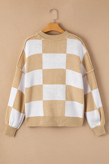 Dark Brown Plaid Bishop Sleeve Pullover Sweater