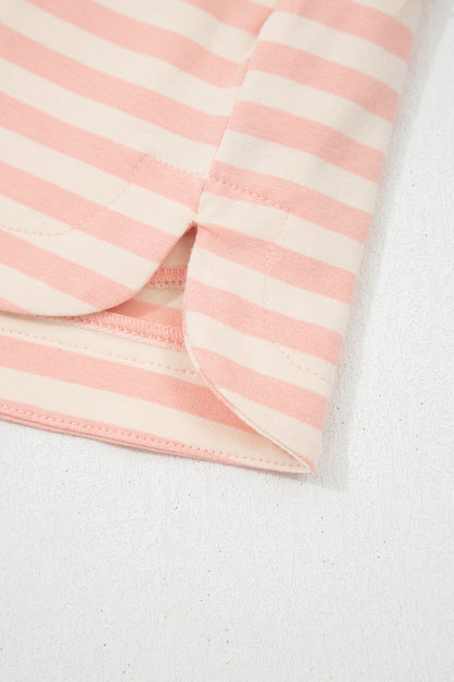 Sky Blue Stripe Contrast Neck Loose Tee and Drawstring Shorts Set