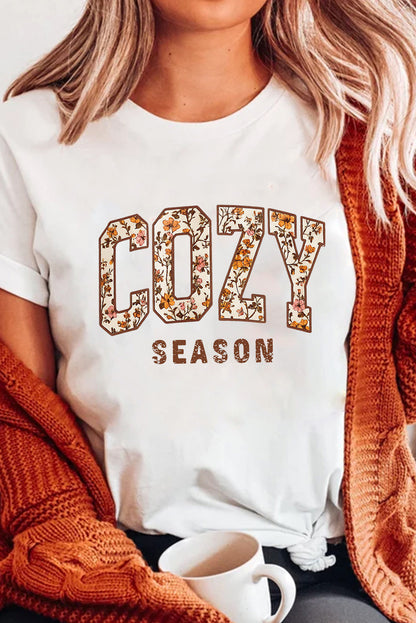 White COZY SEASON Floral Cracking Letter Heat Transfer Printing Graphic Tee