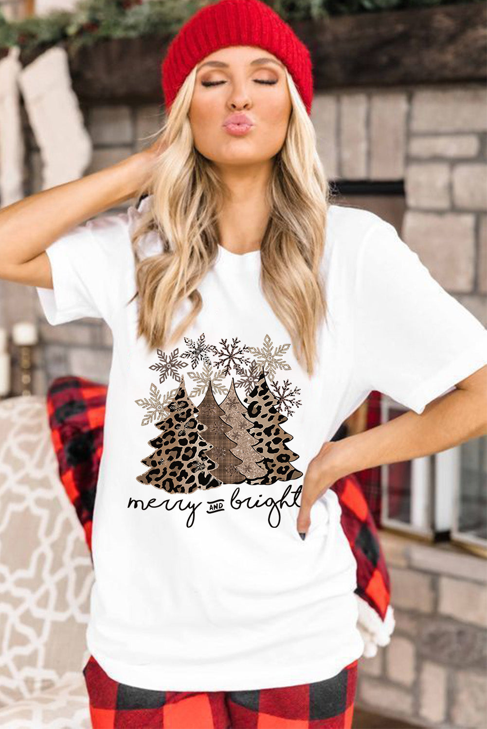 White Leopard Christmas Tree Heat Transfer Printing Crew Neck Graphic Tee