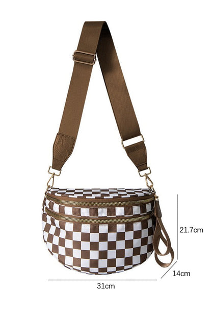 Chicory Coffee Checkered Print Wide Strap Large Crossbody Bag