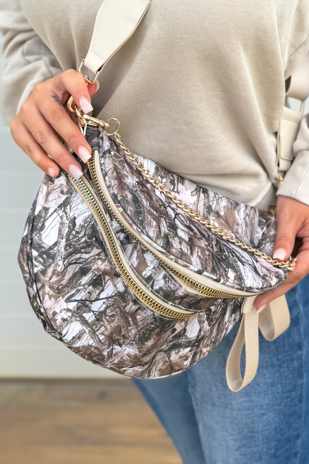 Green Camouflage Print Double Zipper Crossbody Bag