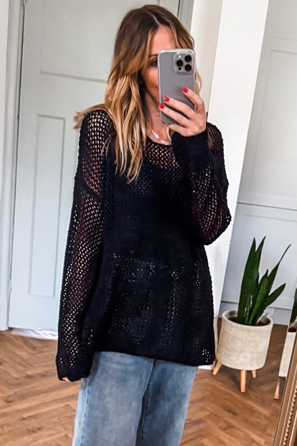 Coral Crochet Hollow-out Knit Sweater