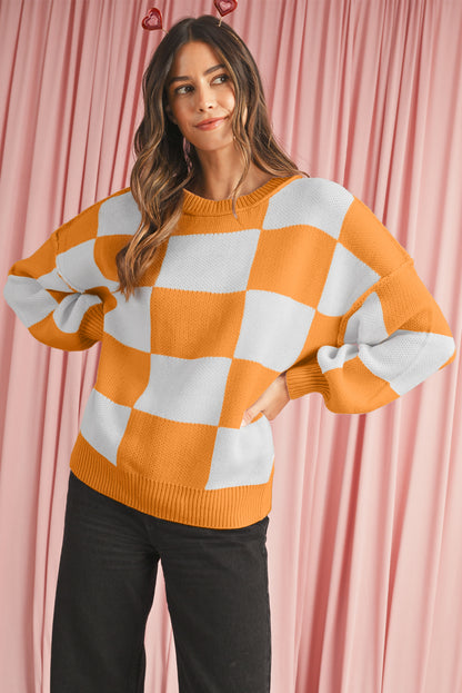 Dark Brown Plaid Bishop Sleeve Pullover Sweater