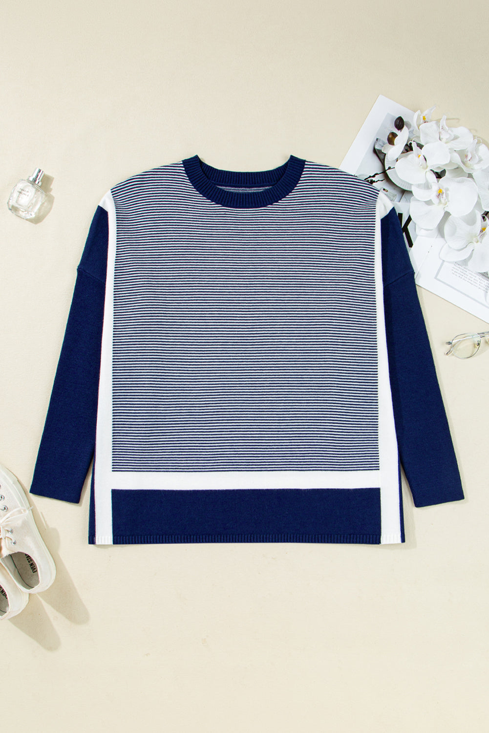 Red Stripe Colorblock Patchwork Dolman Oversize Tunic Sweater