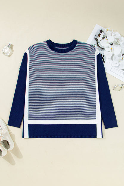 Red Stripe Colorblock Patchwork Dolman Oversize Tunic Sweater