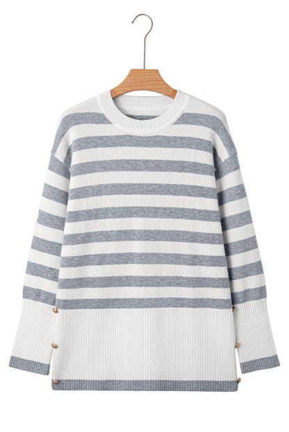 Gray Stripe Ribbed Buttoned Detail Drop Shoulder Tunic Sweater