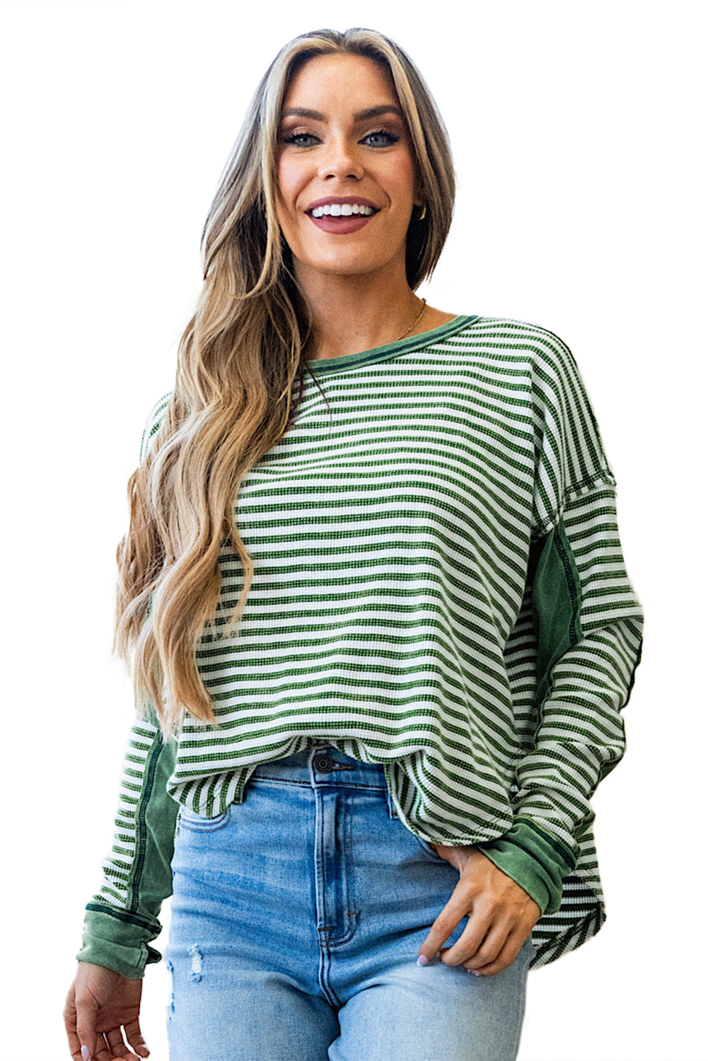 Black Stripe Patchwork Drop Shoulder Round Neck Top