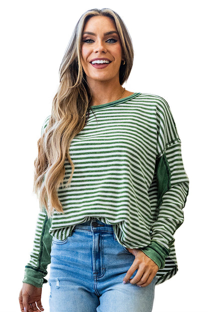 Black Stripe Patchwork Drop Shoulder Round Neck Top