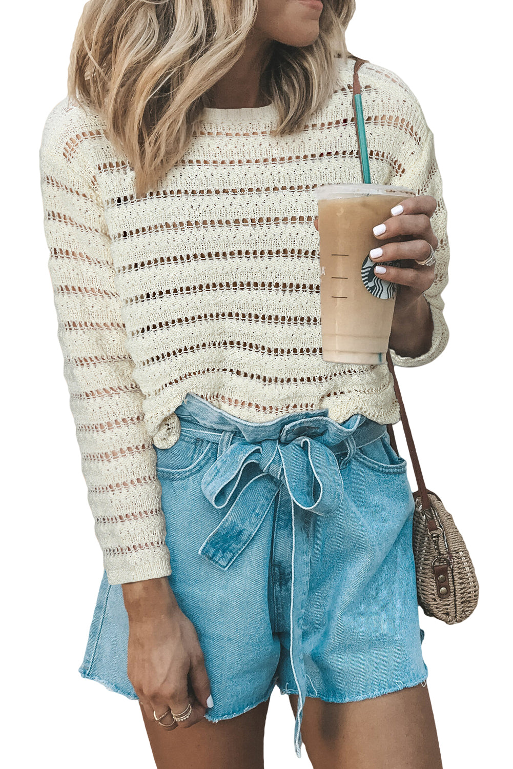 White Hollow Out Knit Round Neck Sweater