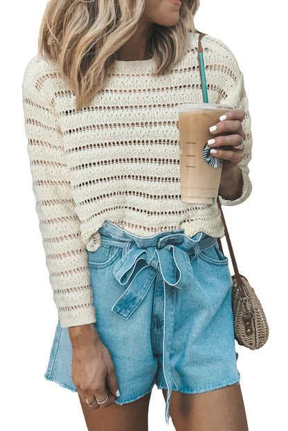 White Hollow Out Knit Round Neck Sweater