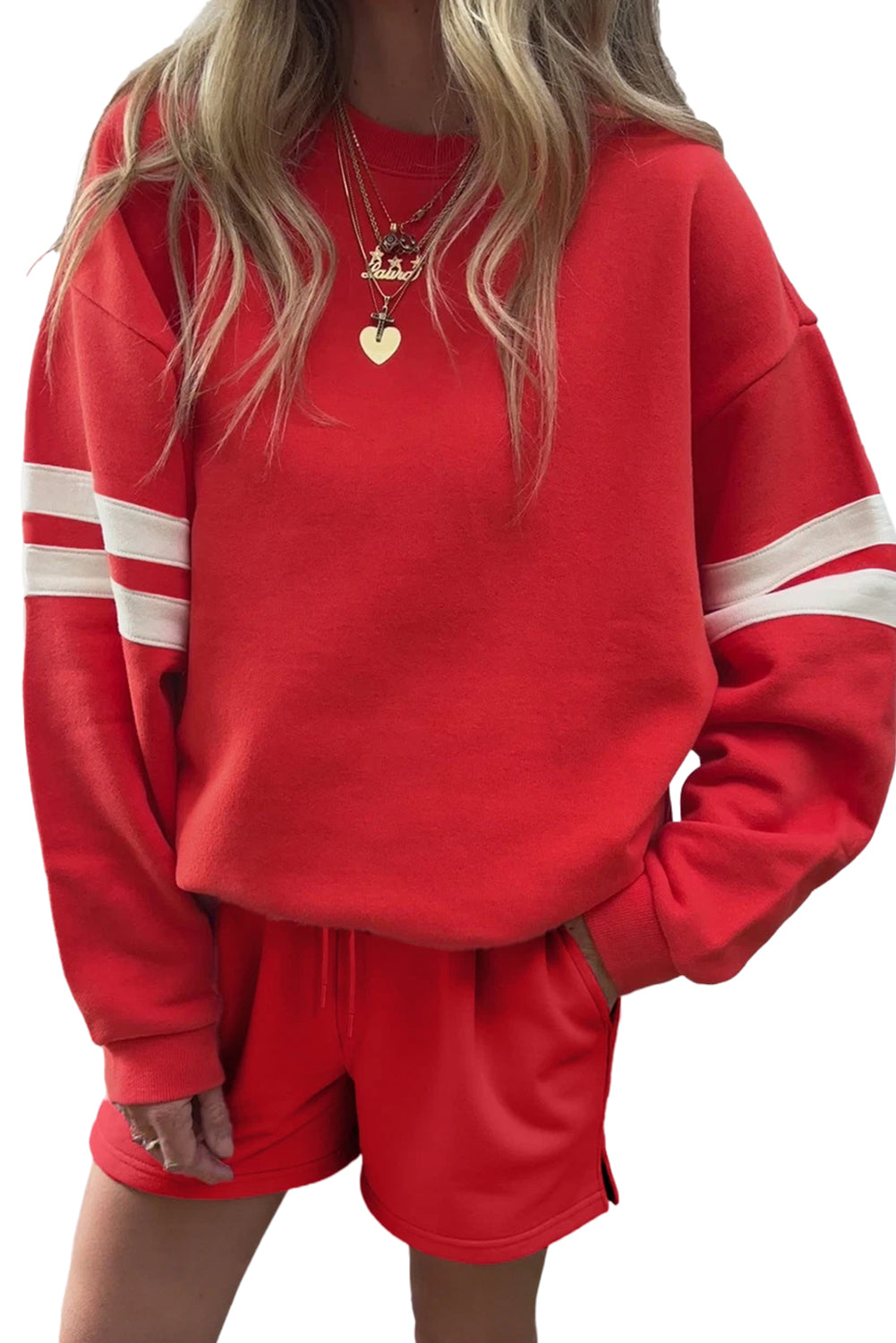 Orange Varsity Striped Sleeve Drop Shoulder Sweatshirt and Shorts Set