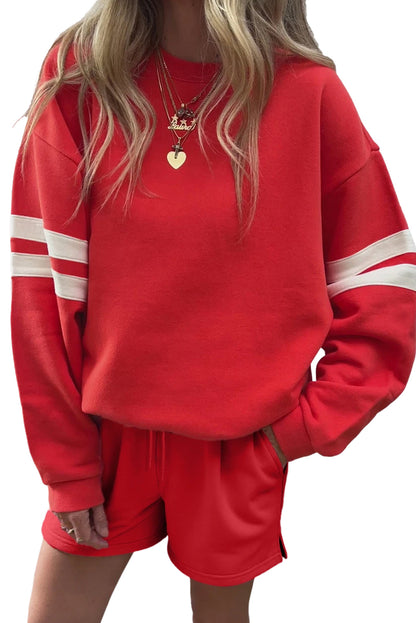 Orange Varsity Striped Sleeve Drop Shoulder Sweatshirt and Shorts Set