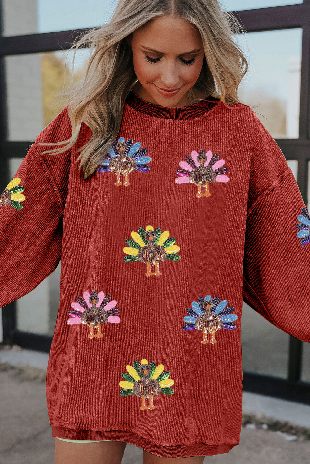 Smoke Gray Turkey Patch Application Graphic Corded Baggy Sweatshirt