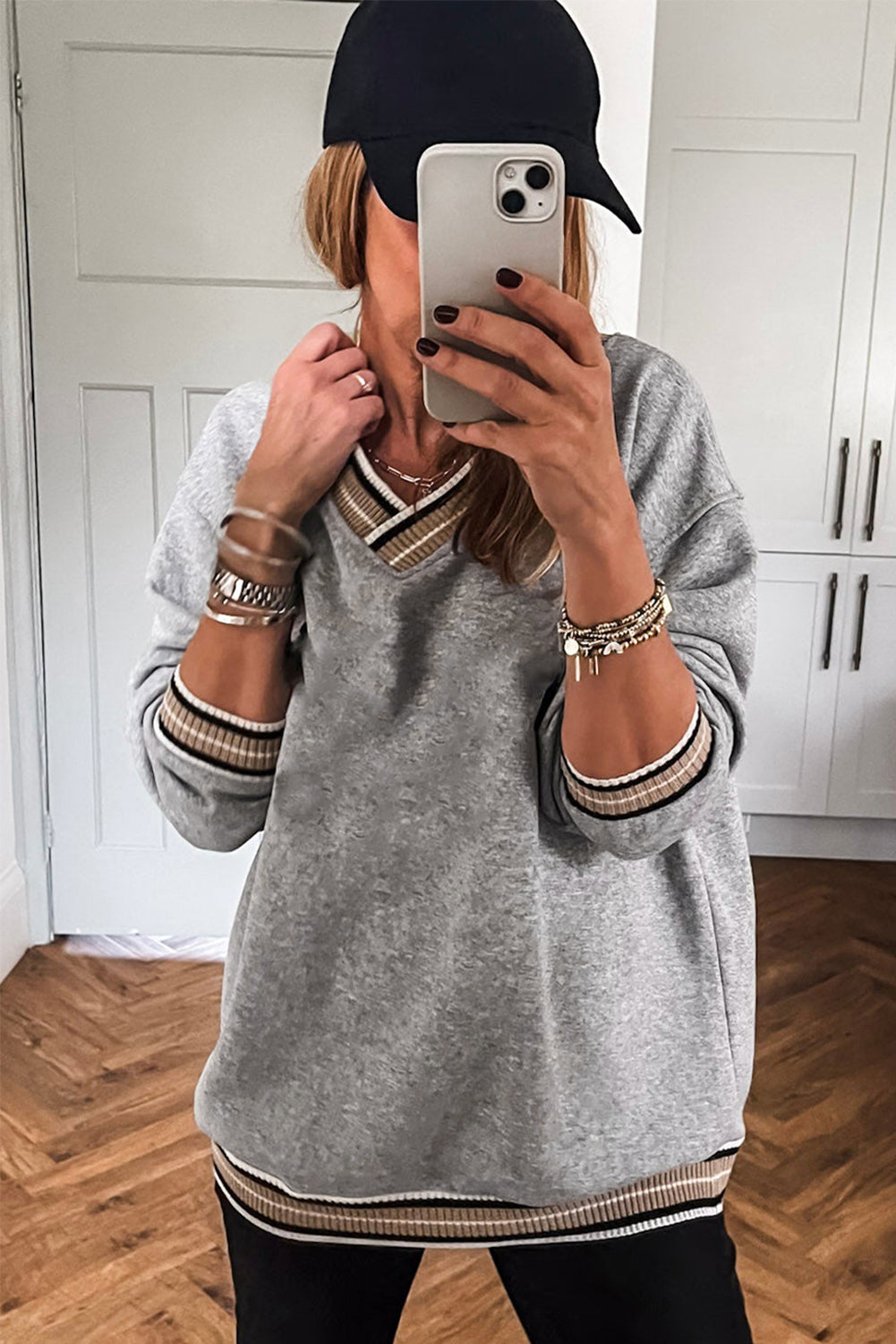 Gray Varsity Contrast Trim V Neck Sweatshirt