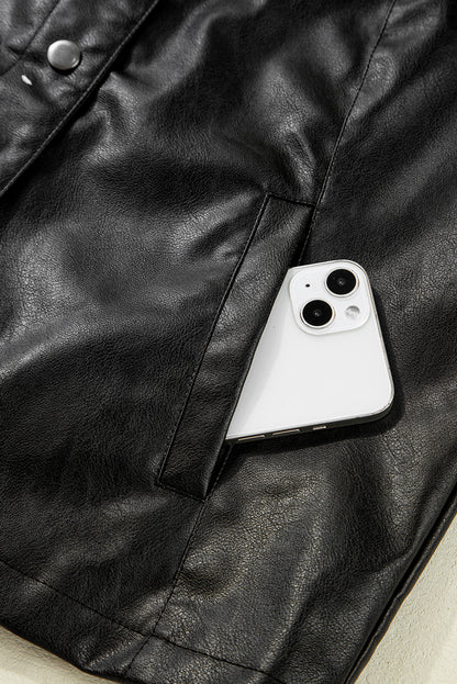 Black Faux Leather Buttoned Front Boxy Jacket