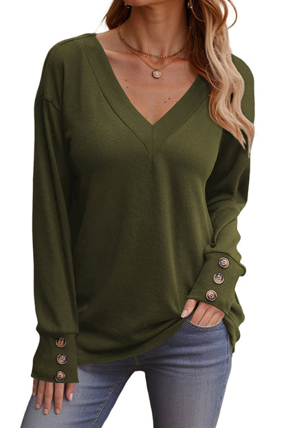 Four Leaf Clover Buttoned Cuffs Drop Shoulder Long Sleeve V Neck Solid Top