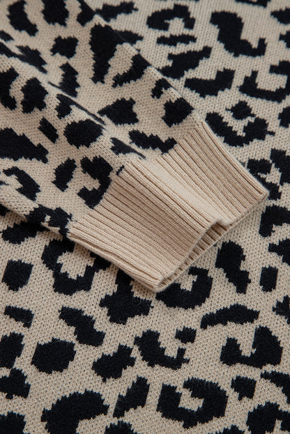 Khaki Leopard Drop Shoulder Knitted Cardigan