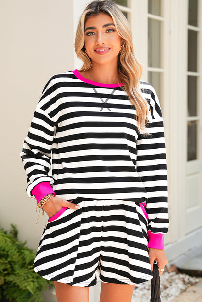 Gray Stripe Contrast Trim Long Sleeve Top and Shorts Set