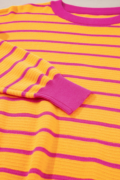 Pink Stripe Round Neck Drop Shoulder Loose Sweater