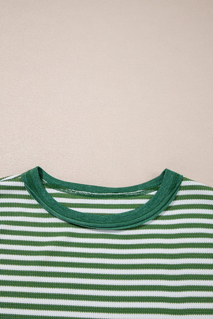 Black Stripe Patchwork Drop Shoulder Round Neck Top