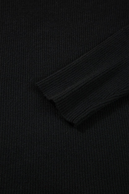 Black Ribbed Knit Cold Shoulder Plain Sweater