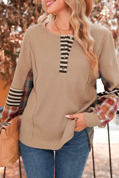 Straw Yellow Waffle Stripe Plaid Patchwork Henley Top