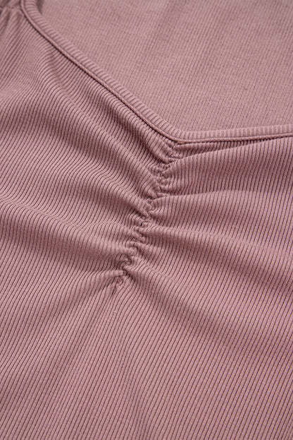 Old Rose Ruched Sweetheart Neck Ribbed Long Sleeve Top