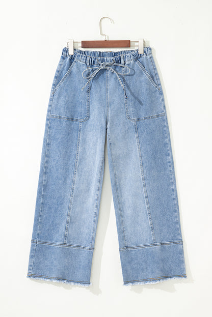 Prussian Blue Drawstring Seam Detail Raw Hem Wide Leg Jeans