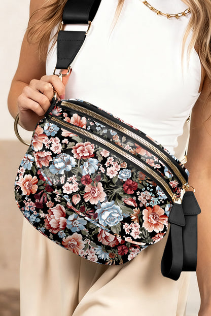 Black Floral Print Multi Pocket Crossbody Bag