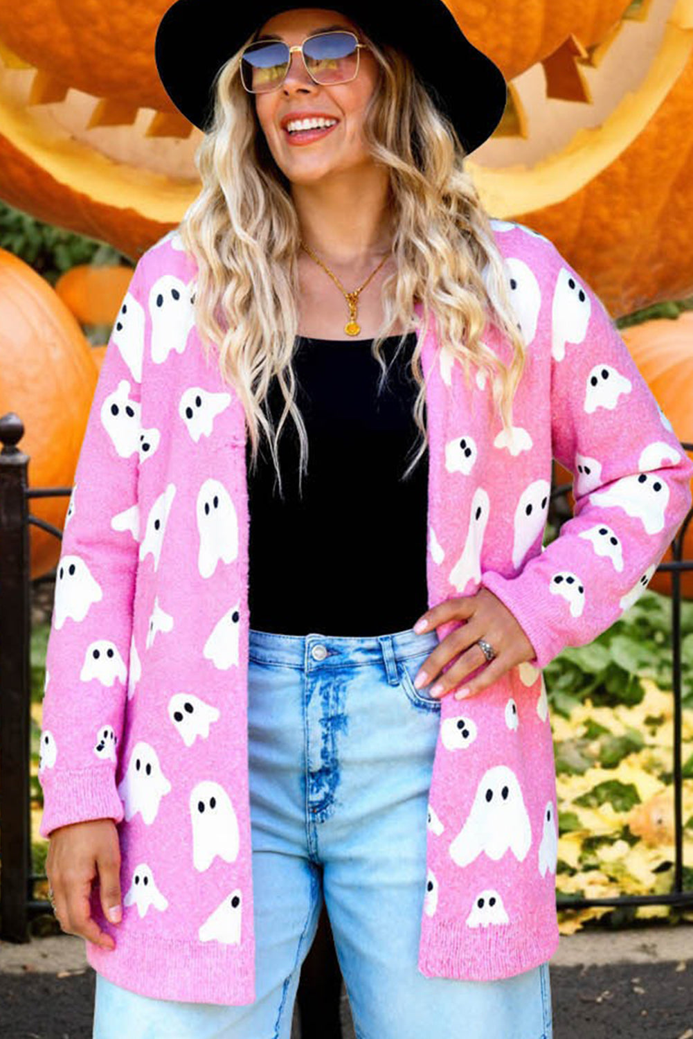Black Halloween Ghost Pattern Mid length Knitted Cardigan