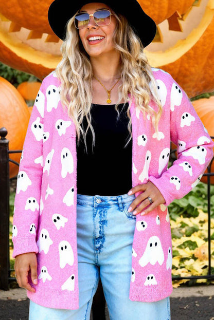Black Halloween Ghost Pattern Mid length Knitted Cardigan