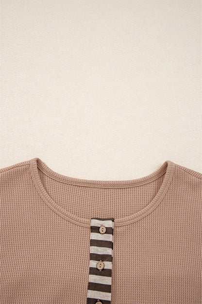 Straw Yellow Waffle Stripe Plaid Patchwork Henley Top
