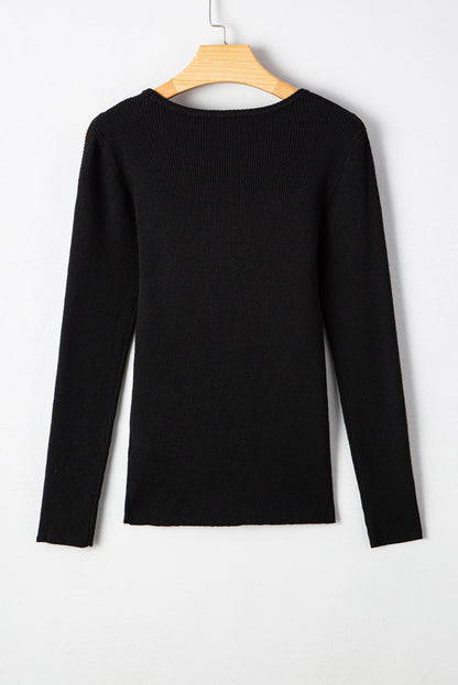Black Ribbed Knit Cold Shoulder Plain Sweater