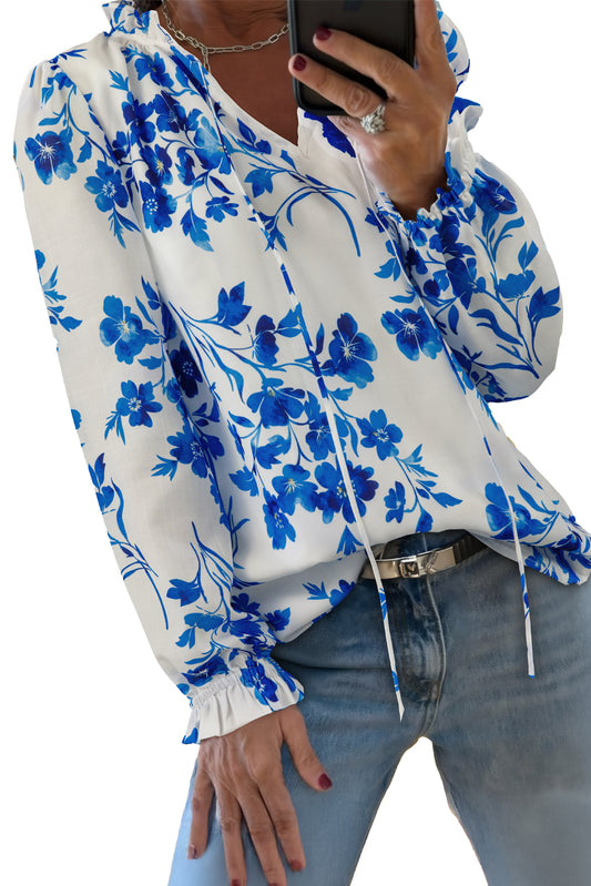 Blue Floral Long Sleeve Lace-up V Neck Blouse
