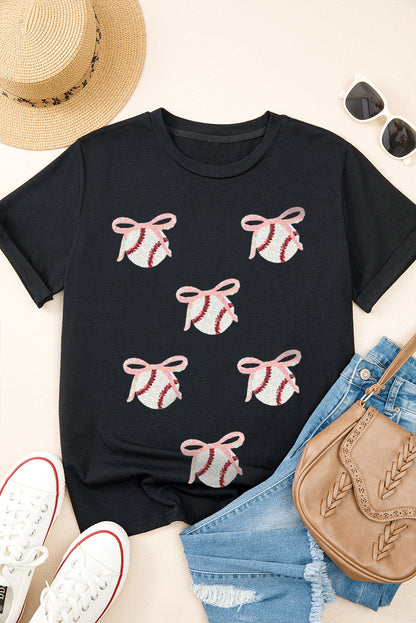 Black Shimmering Bow Ball Patterned Sequins Patch Game Day Casual Tee