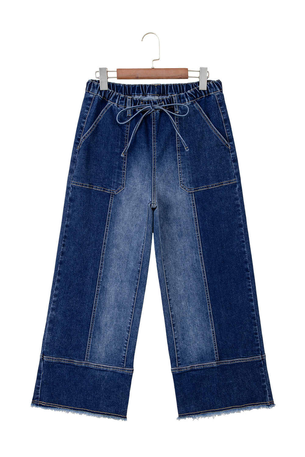 Prussian Blue Drawstring Seam Detail Raw Hem Wide Leg Jeans