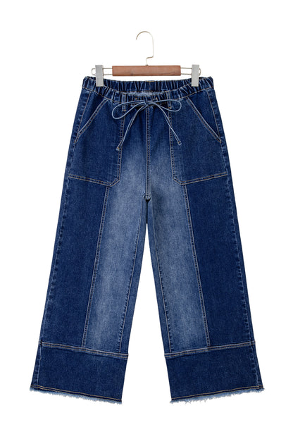 Prussian Blue Drawstring Seam Detail Raw Hem Wide Leg Jeans