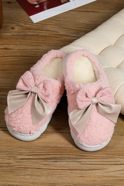 White Contrast Bowknot Applique Plush Winter Slippers