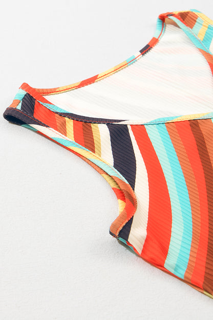 Multicolor Striped Print Henley Neck Tank Top